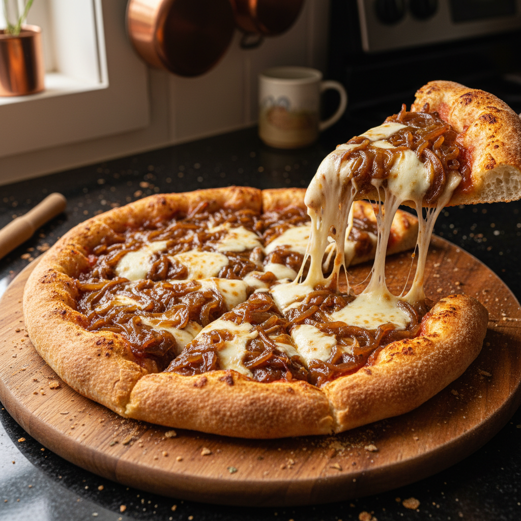 Karamellisierte Zwiebel Pizza mit Mozzarella