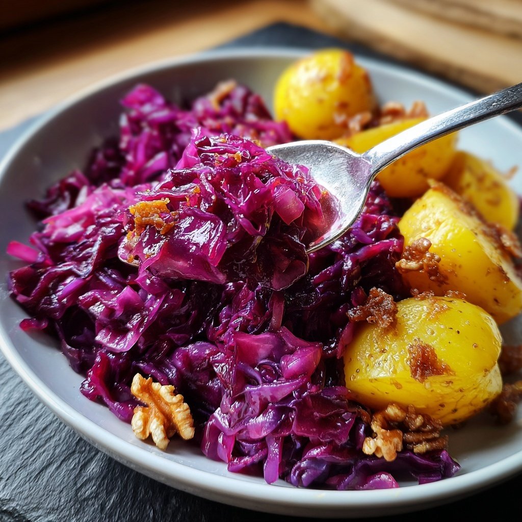 Rotkohl, Spekulatius-Soße und karamellisierte Kartoffeln