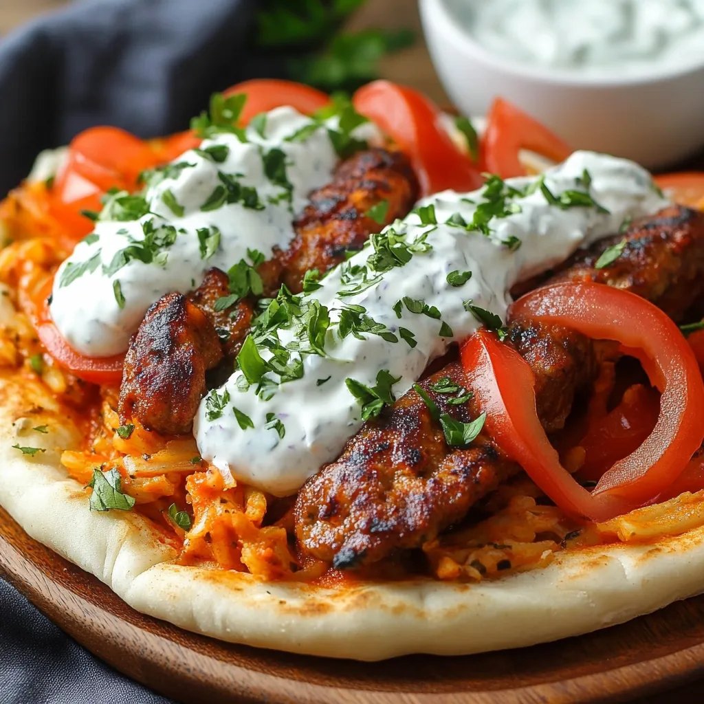 Tomaten-Kritharaki mit veganen Cevapcici und Tzatziki
