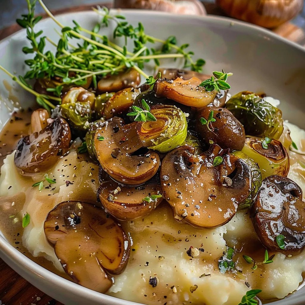 Pilzpfanne Rosenkohl Kartoffelpüree